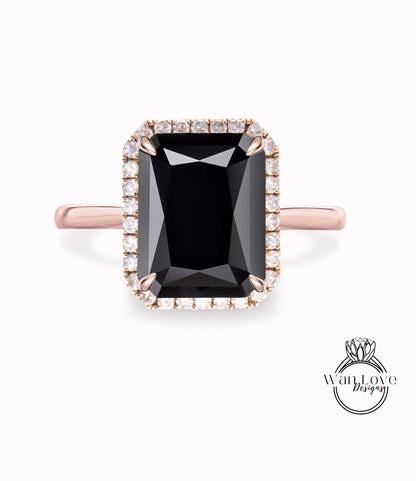 Anello di fidanzamento con spinello nero e diamante smeraldo Halo, gambo semplice, personalizzato, matrimonio, regalo di anniversario, oro giallo rosa bianco 14k 18k