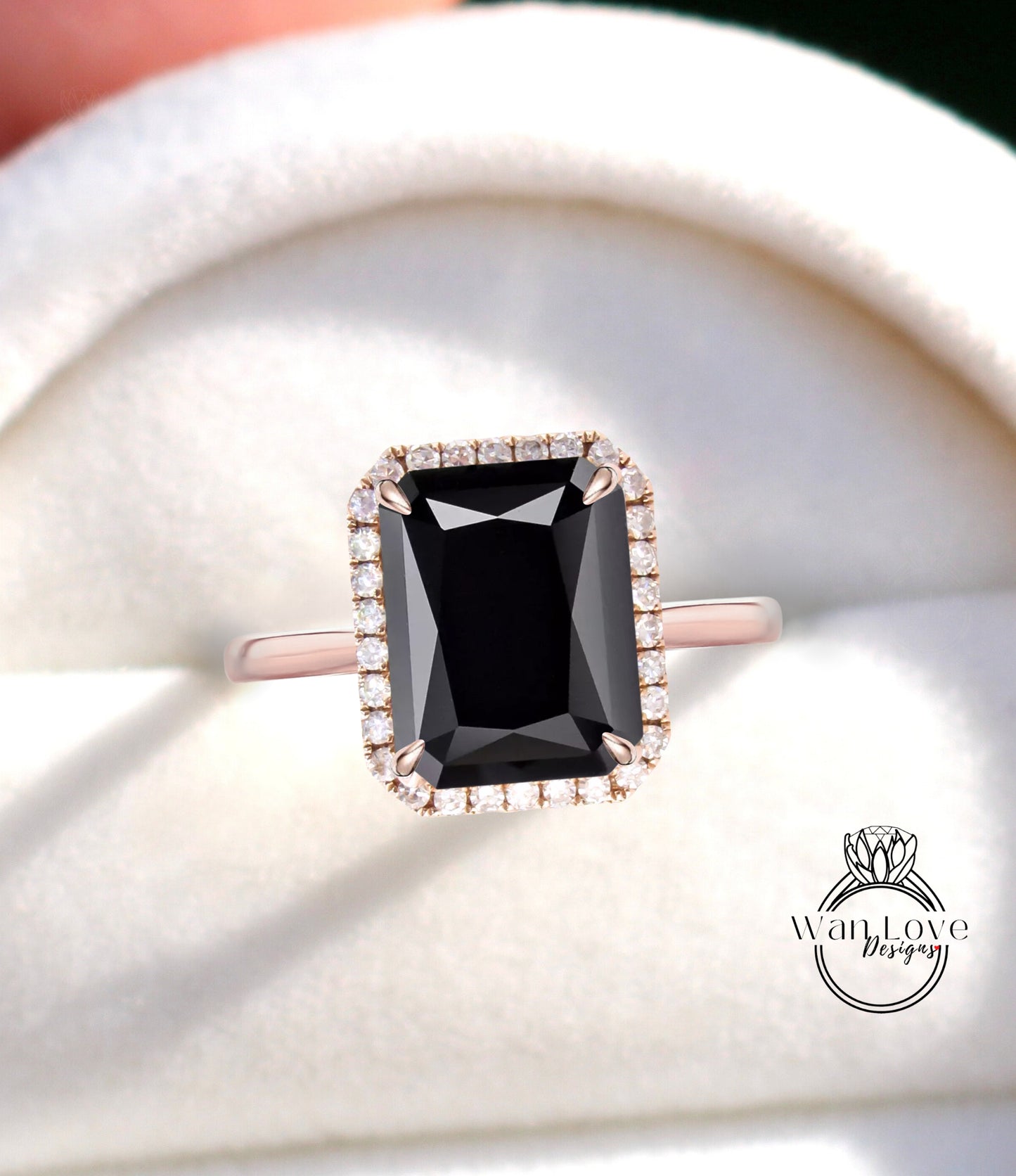 Anello di fidanzamento con spinello nero e diamante smeraldo Halo, gambo semplice, personalizzato, matrimonio, regalo di anniversario, oro giallo rosa bianco 14k 18k