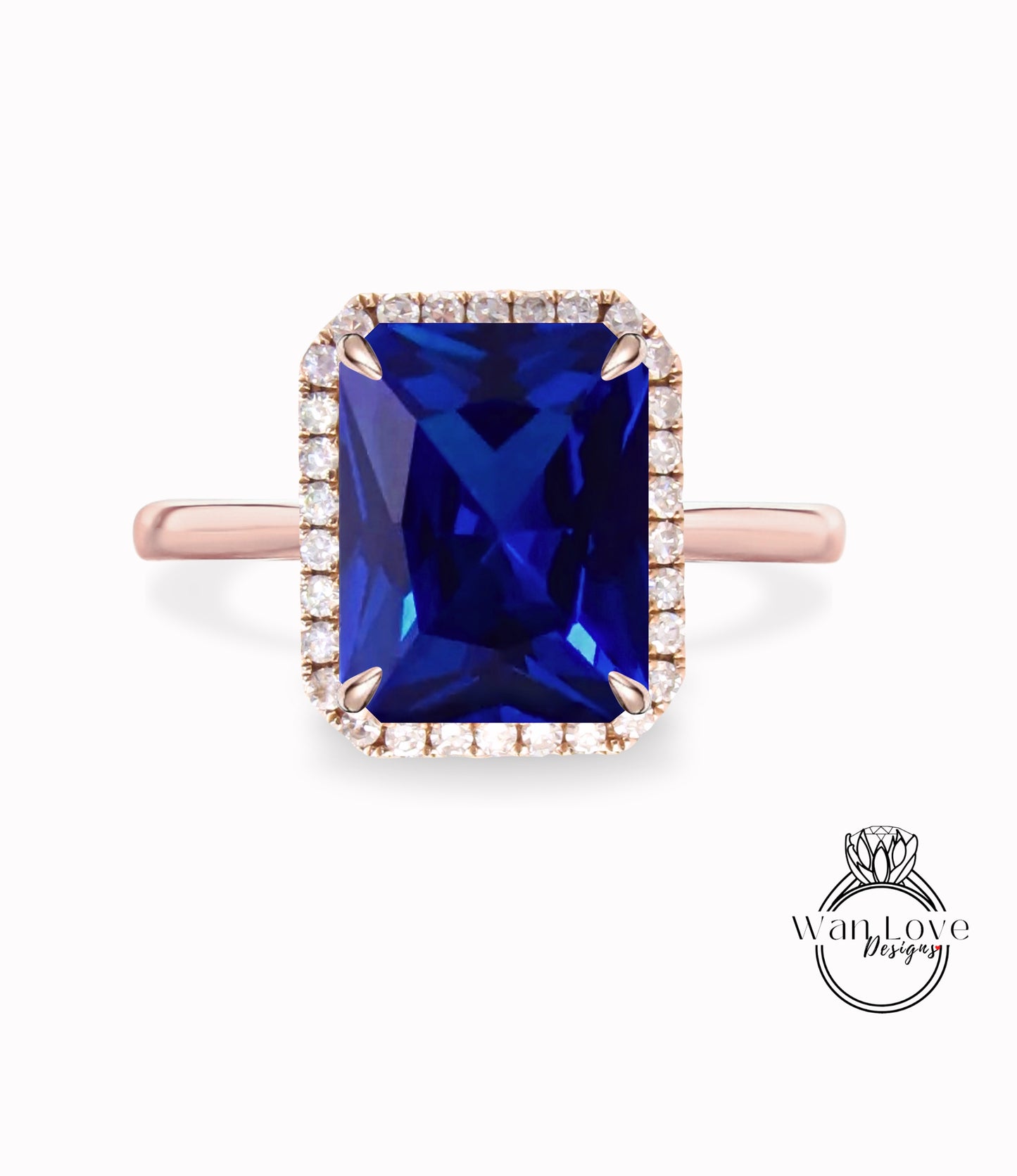 Anello di fidanzamento con zaffiro blu taglio smeraldo anello in oro rosa con alone di diamanti anello di promessa anniversario in stile art deco affusolato semplice sottile e delicato