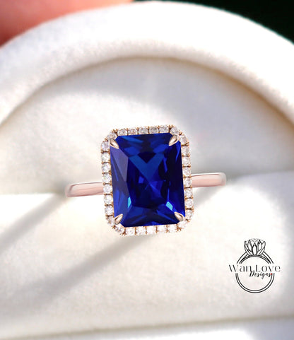 Emerald cut Blue Sapphire engagement ring rose gold halo ring diamond halo tapered plain thin dainty band art deco anniversary promise ring