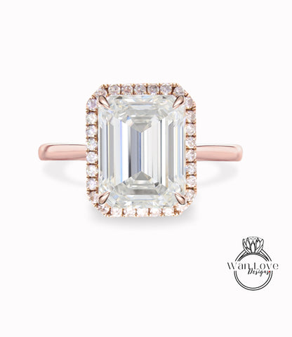 Diamond Emerald Halo Plain tapered Band engagement ring lab diamond halo ring rose gold prong ring Art deco Radiant IGI Diamond wedding bridal Anniversary promise