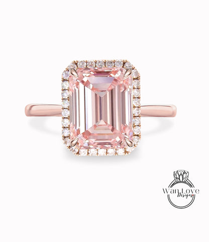 Anello di fidanzamento con zaffiro pesca taglio smeraldo anello in oro rosa con alone di diamanti con affusolato semplice sottile fascia delicata anello di promessa anniversario art deco