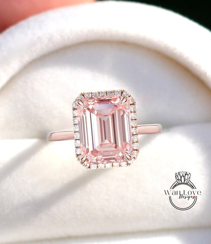 Anello di fidanzamento con zaffiro pesca taglio smeraldo anello in oro rosa con alone di diamanti con affusolato semplice sottile fascia delicata anello di promessa anniversario art deco