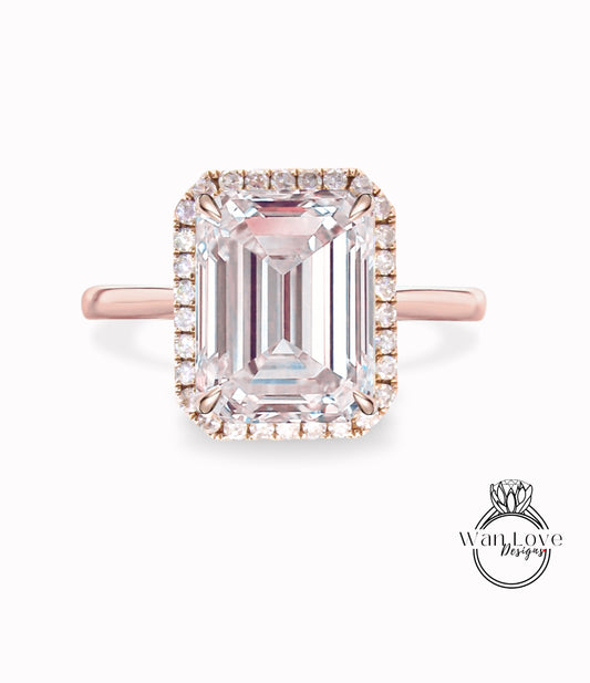 Light Pink Sapphire & Diamond Emerald Halo Plain tapered band Engagement ring rose gold prong ring Art deco Radiant bridal wedding ring Anniversary Gift