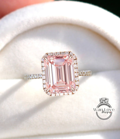 Anello di fidanzamento con zaffiro pesca taglio smeraldo anello in oro rosa con alone di diamanti con affusolato semplice sottile fascia delicata anello di promessa anniversario art deco