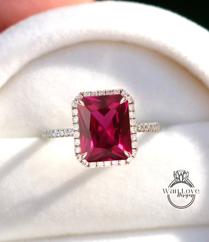 Ruby Diamonds Emerald Halo Engagement Ring Custom Wedding Anniversary