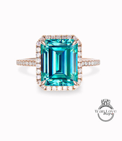 Diamond Halo Ring Blue Green Moissanite & Diamond Emerald Engagement Ring Art Deco Radiant Halo Ring wedding anniversary bridal promise ring