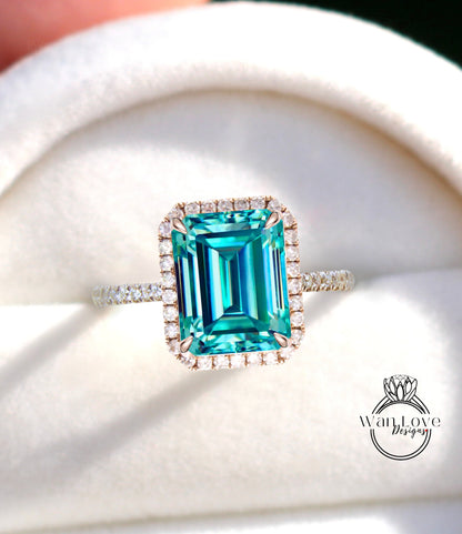 Diamond Halo Ring Blue Green Moissanite & Diamond Emerald Engagement Ring Art Deco Radiant Halo Ring wedding anniversary bridal promise ring