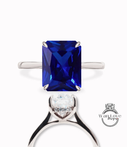 Anello di fidanzamento con bordo pavimentato minimalista delicato in oro massiccio 18kt con zaffiro blu 14kt e smeraldo, WanLoveDesigns