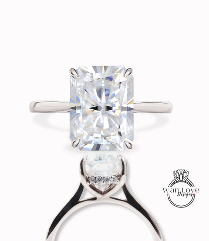 Anello di fidanzamento con moissanite smeraldo est ovest Anello di fidanzamento con diamante Halo laterale radiante Anello in oro Art Deco Anello nuziale Anello di promessa di anniversario