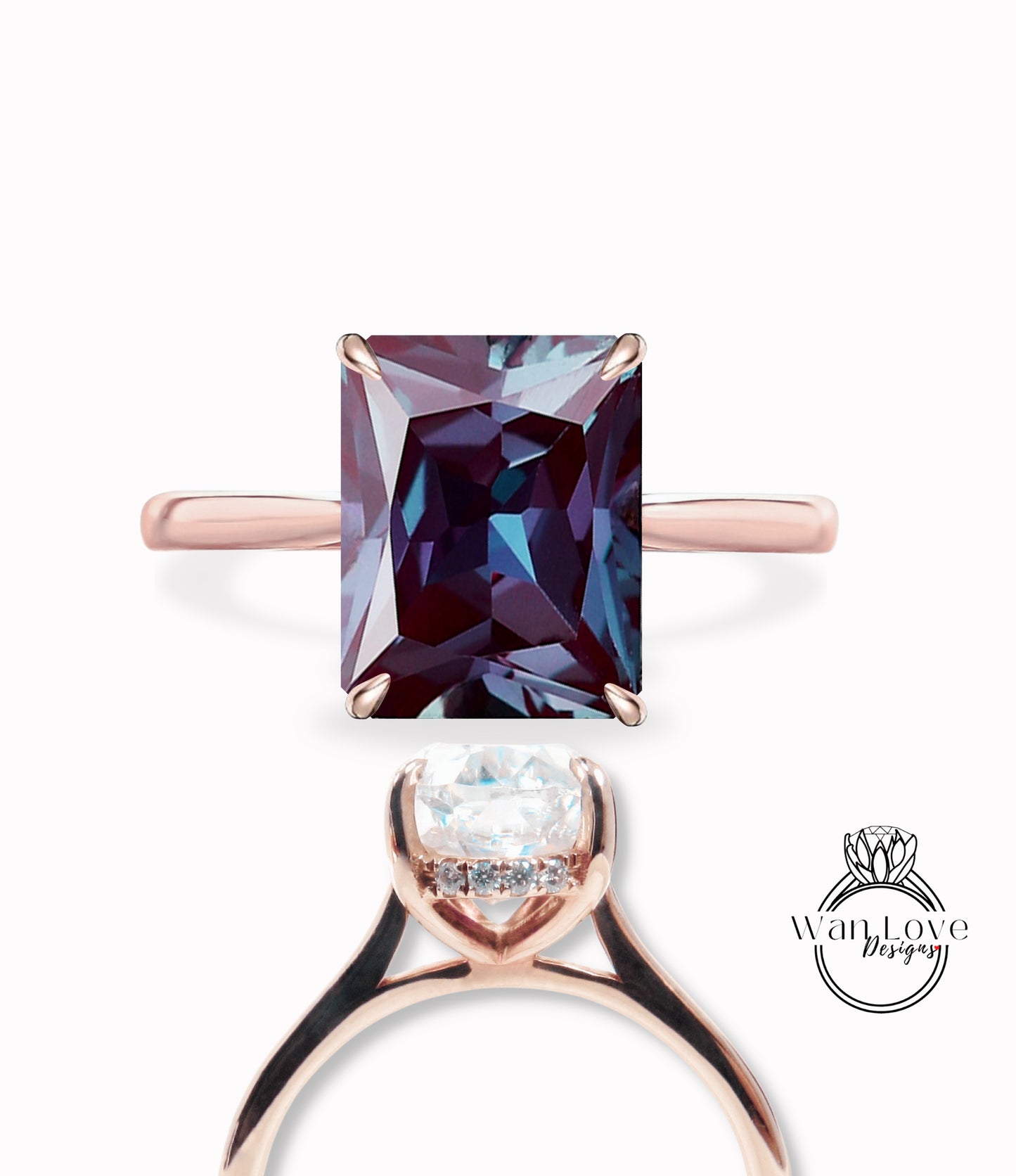 Anello di fidanzamento con bordo pavimentato minimalista delicato con diamanti in oro massiccio 18kt e smeraldo Alexandrite 14kt, WanLoveDesigns