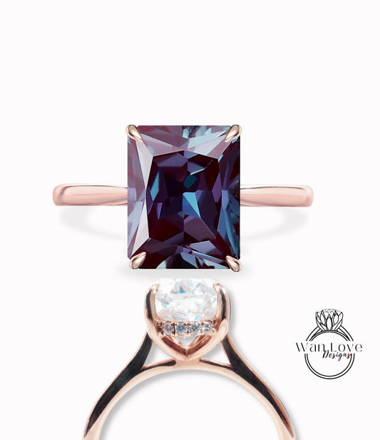 Alexandrite & Diamond Side Halo plain tapered band shank Engagement Ring, Emerald cut Dainty Minimalist Pave Rim wedding bridal ring 14kt 18kt Solid Gold Anniversary Gift