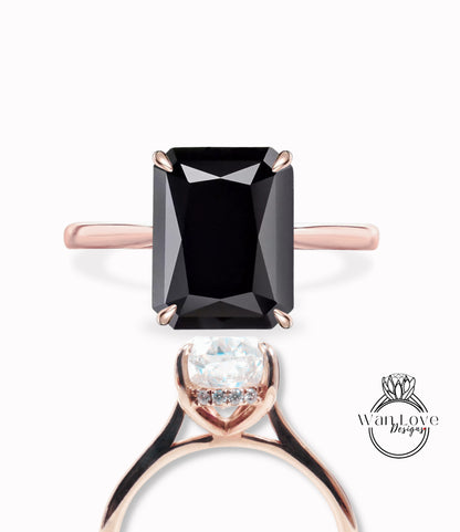 Anello di fidanzamento con bordo pavimentato minimalista delicato con diamanti in oro massiccio 18kt e spinello nero 14kt, WanLoveDesigns