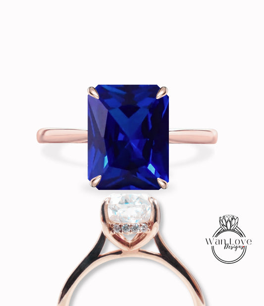 Blue Sapphire & Diamond Side Halo plain tapered band shank Engagement Ring, Emerald cut Dainty Minimalist Pave Rim wedding bridal ring 14kt 18kt Solid Gold Anniversary Gift