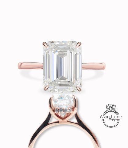 Anello di fidanzamento con moissanite smeraldo est ovest Anello di fidanzamento con diamante Halo laterale radiante Anello in oro Art Deco Anello nuziale Anello di promessa di anniversario