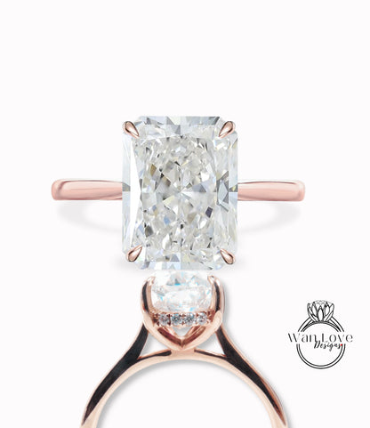 Diamond Side halo Radiant engagement ring Tapered plain band Lab Diamond ring rose gold prong ring Art deco Solitaire wedding bridal Anniversary promise