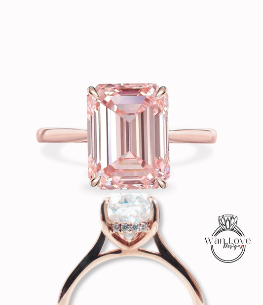 Peach Sapphire & Diamond Side Halo plain tapered band shank Engagement Ring, Emerald cut Dainty Minimalist Pave Rim wedding bridal ring 14kt 18kt Solid Gold Anniversary Gift