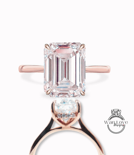 Light Pink Sapphire & Diamond Side Halo plain tapered band shank Engagement Ring, Emerald cut Dainty Minimalist Pave Rim wedding bridal ring 14kt 18kt Solid Gold Anniversary Gift