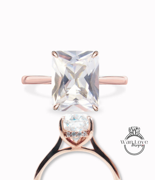 White Sapphire & Diamond Side Halo plain tapered band shank Engagement Ring, Emerald cut Dainty Minimalist Pave Rim wedding bridal ring 14kt 18kt Solid Gold Anniversary Gift