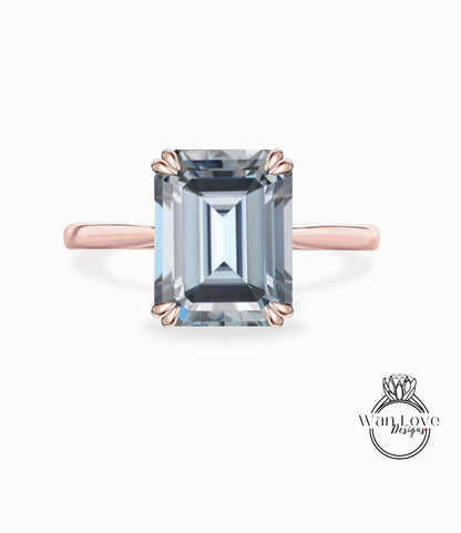 Anello di fidanzamento con smeraldo grigio Moissanite, solitario cattedrale, personalizzato, matrimonio, regalo di anniversario, oro giallo rosa bianco 14k 18k, WanLoveDesigns