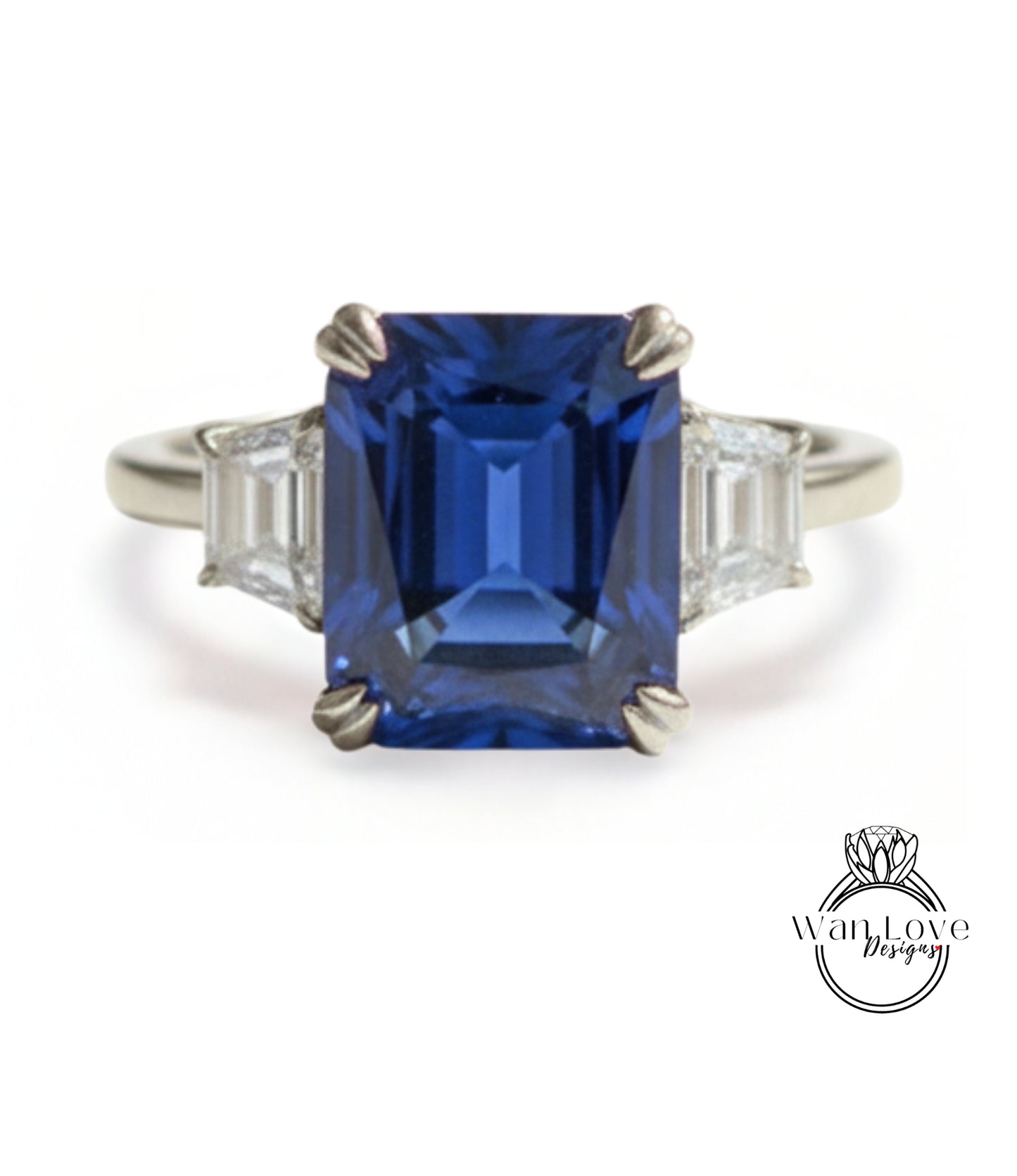 Blue Sapphire Moissanite Engagement Ring Emerald cut 14K/18K rose gold ring vintage trapezoid art deco ring wedding Bridal Anniversary gift