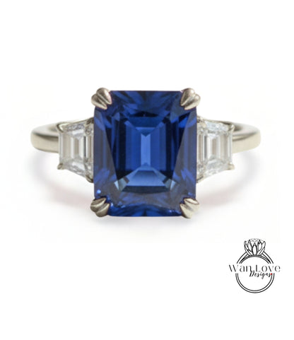 Blue Sapphire Moissanite Engagement Ring Emerald cut 14K/18K rose gold ring vintage trapezoid art deco ring wedding Bridal Anniversary gift
