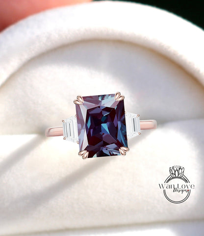 Alexandrite Diamond Moissanite Engagement Ring Emerald cut 14K/18K rose gold ring vintage trapezoid art deco ring wedding Bridal Anniversary gift