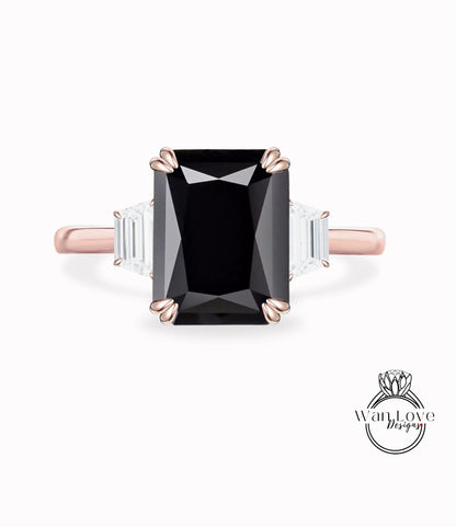 Black Spinel Diamond Moissanite Engagement Ring Emerald cut 14K/18K rose gold ring vintage trapezoid art deco ring wedding Bridal Anniversary gift