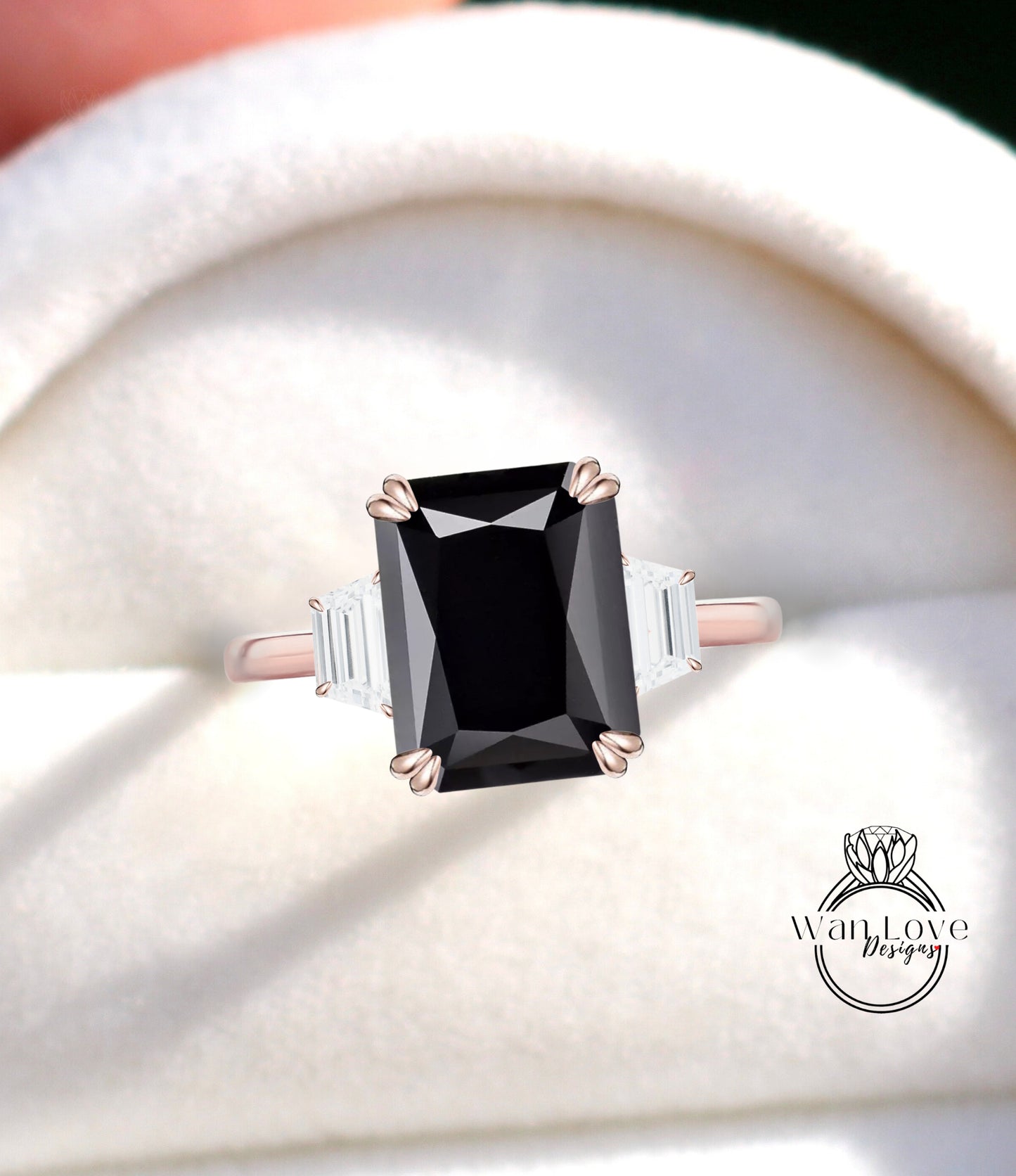 Black Spinel Diamond Moissanite Engagement Ring Emerald cut 14K/18K rose gold ring vintage trapezoid art deco ring wedding Bridal Anniversary gift