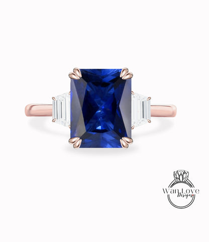 Blue Sapphire Moissanite Engagement Ring Emerald cut 14K/18K rose gold ring vintage trapezoid art deco ring wedding Bridal Anniversary gift