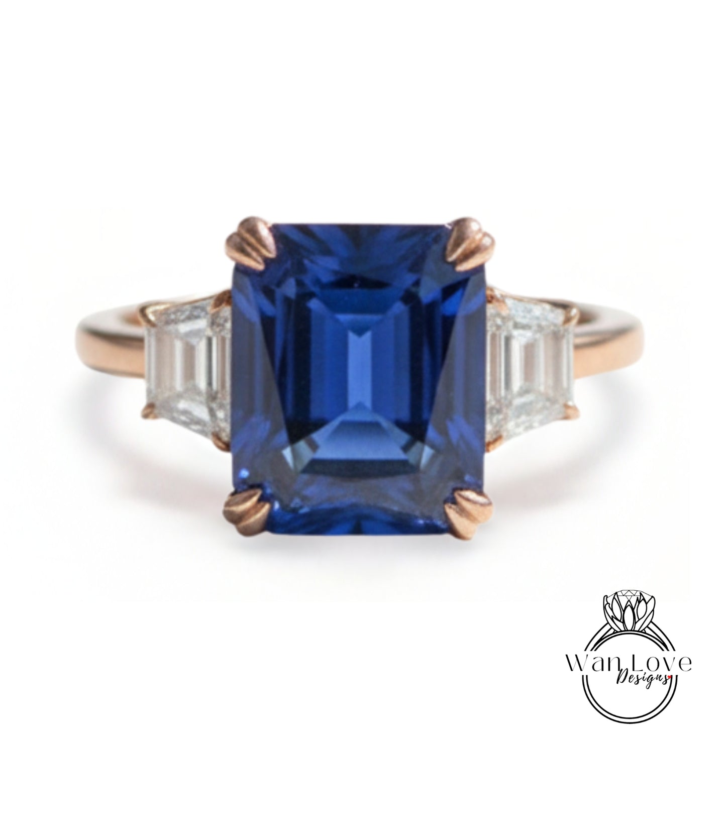 Blue Sapphire Moissanite Engagement Ring Emerald cut 14K/18K rose gold ring vintage trapezoid art deco ring wedding Bridal Anniversary gift