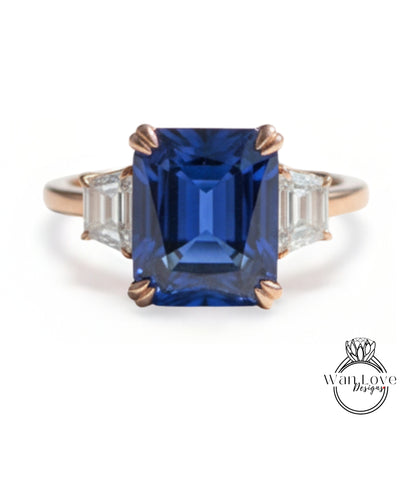 Blue Sapphire Moissanite Engagement Ring Emerald cut 14K/18K rose gold ring vintage trapezoid art deco ring wedding Bridal Anniversary gift