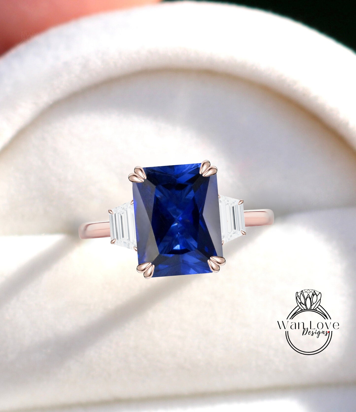 Blue Sapphire Moissanite Engagement Ring Emerald cut 14K/18K rose gold ring vintage trapezoid art deco ring wedding Bridal Anniversary gift