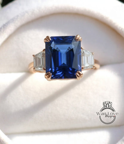 Blue Sapphire Moissanite Engagement Ring Emerald cut 14K/18K rose gold ring vintage trapezoid art deco ring wedding Bridal Anniversary gift