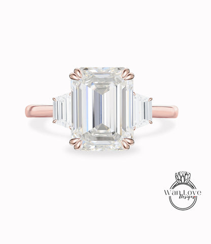 Anello di fidanzamento con 3 pietre Moissanite, taglio smeraldo, trapezio, oro rosa giallo bianco 14k 18k, platino, personalizzato, matrimonio, anniversario