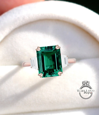 Emerald Moissanite Engagement Ring Emerald cut 14K/18K rose gold ring vintage trapezoid art deco ring wedding Bridal Anniversary gift