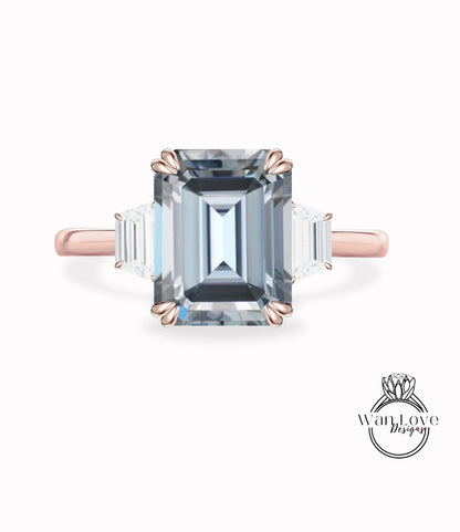 Anello di fidanzamento Moissanite grigio taglio smeraldo 4CT, Anello nuziale Moissanite con tre pietre preziose, Anello Moissanite trapezoidale, Anello in oro rosa 14K