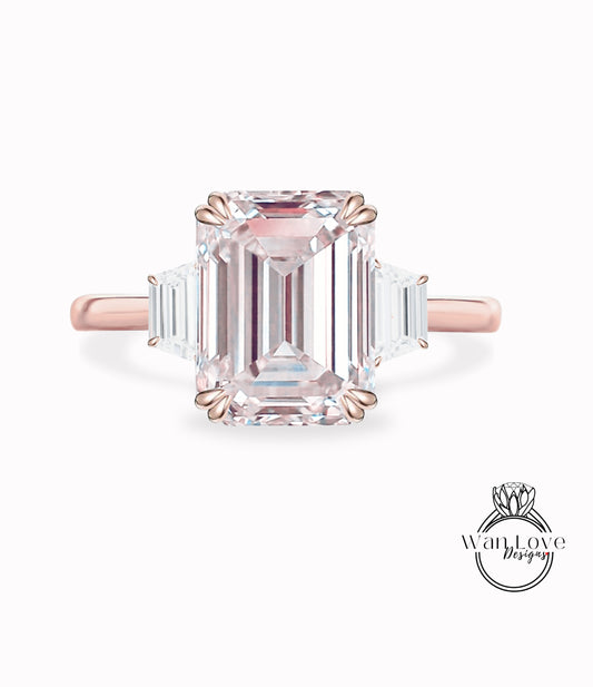 Anello di fidanzamento Moissanite con zaffiro rosa chiaro Anello in oro rosa 14 carati con taglio smeraldo anello vintage trapezoidale art deco matrimonio anniversario nuziale