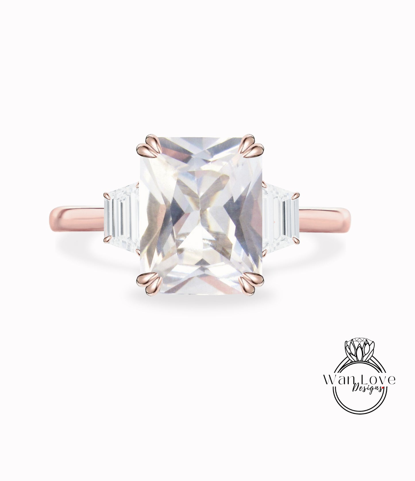 Anello di fidanzamento con zaffiro bianco Moissanite Taglio smeraldo Anello in oro rosa 14K/18K Anello vintage trapezoidale art deco Matrimonio Regalo di anniversario nuziale