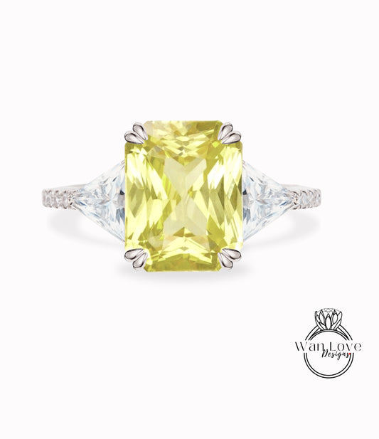 Yellow Sapphire & Diamond Emerald Trillion Triangle cut Engagement Ring 3 gemstone Custom Ring-14k 18k White Yellow Rose Gold-Platinum-Wedding Bridal Ring Anniversary Gift