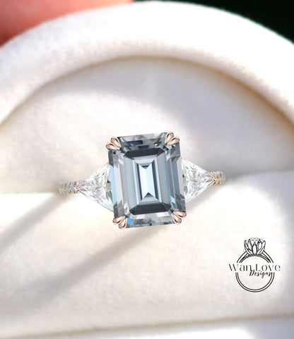 Grey Moissanite & Diamond Emerald Trillion Triangle cut Engagement Ring 3 gemstone Custom Ring-14k 18k White Yellow Rose Gold-Platinum-Wedding Bridal Ring Anniversary Gift