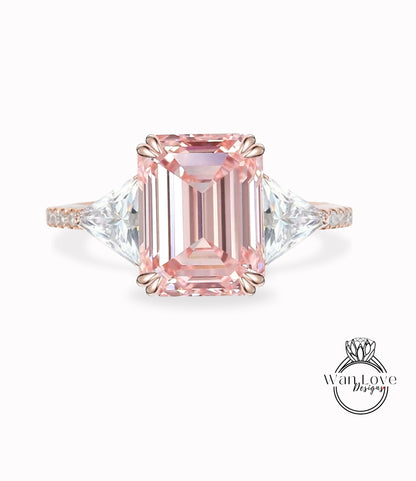 Peach Sapphire & Diamond Emerald Trillion Triangle cut Engagement Ring 3 gemstone Custom Ring-14k 18k White Yellow Rose Gold-Platinum-Wedding Bridal Ring Anniversary Gift