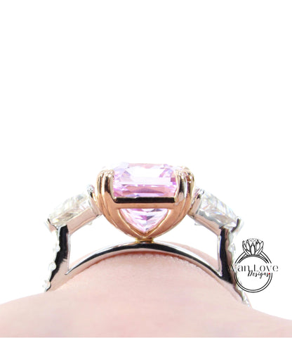 Anello di fidanzamento con triangolo radiante con zaffiro rosa chiaro e moissanite-4ct 10x8mm-Personalizzato-2 toni Oro bianco rosa-Anniversario di matrimonio-Pronto per la spedizione