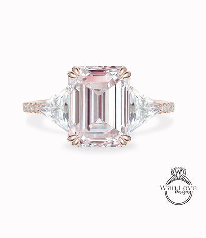 Light Pink Sapphire & Diamond Emerald Trillion Triangle cut Engagement Ring 3 gemstone Custom Ring-14k 18k White Yellow Rose Gold-Platinum-Wedding Bridal Ring Anniversary Gift