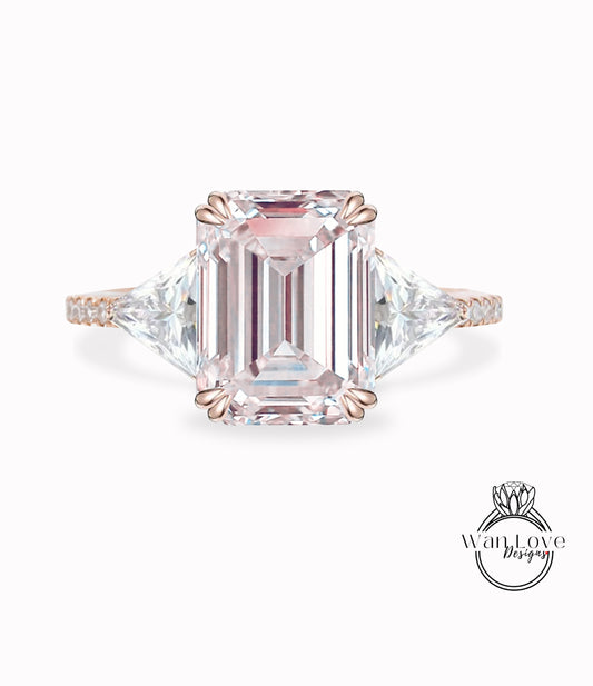 Light Pink Sapphire & Diamond Emerald Trillion Triangle cut Engagement Ring 3 gemstone Custom Ring-14k 18k White Yellow Rose Gold-Platinum-Wedding Bridal Ring Anniversary Gift