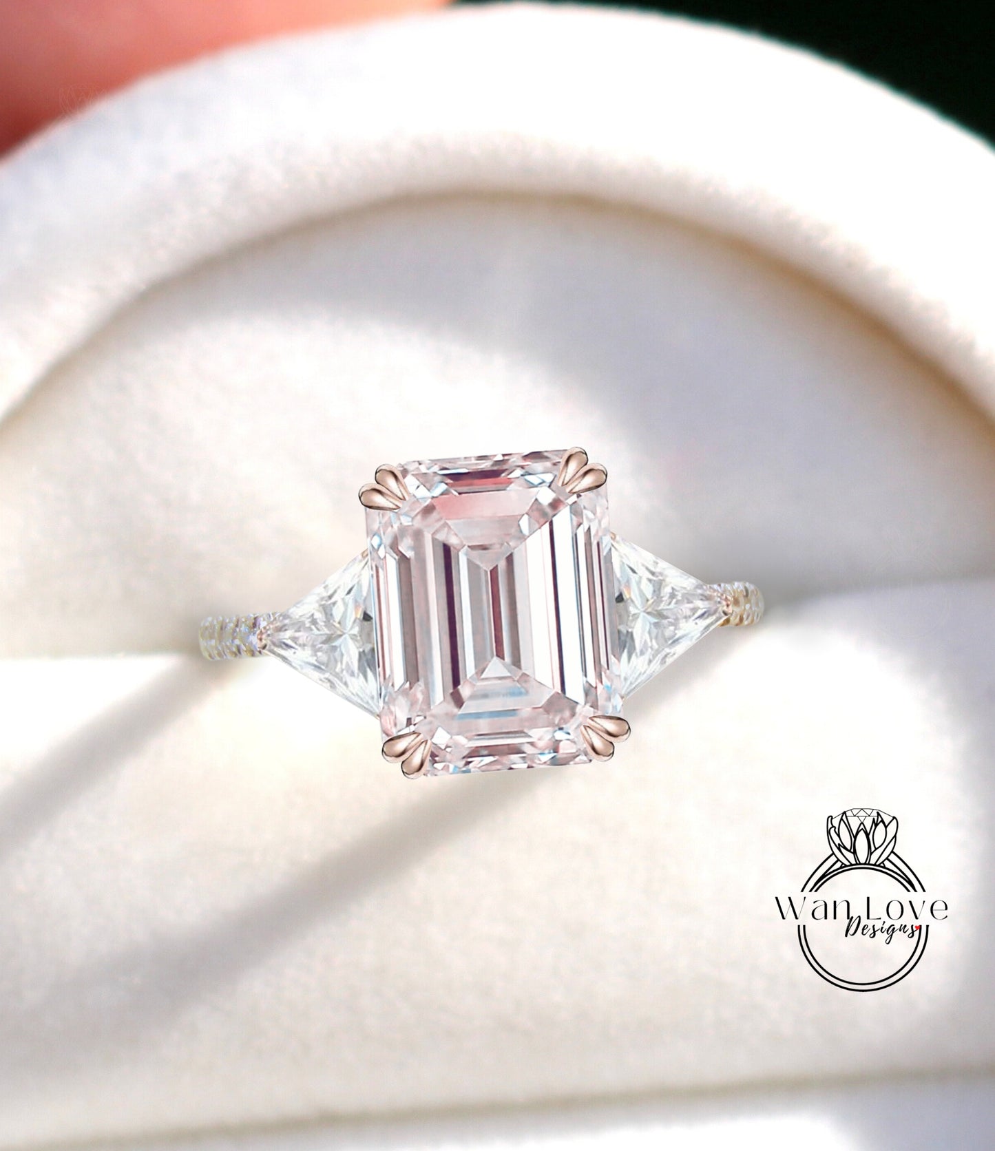 Light Pink Sapphire & Diamond Emerald Trillion Triangle cut Engagement Ring 3 gemstone Custom Ring-14k 18k White Yellow Rose Gold-Platinum-Wedding Bridal Ring Anniversary Gift
