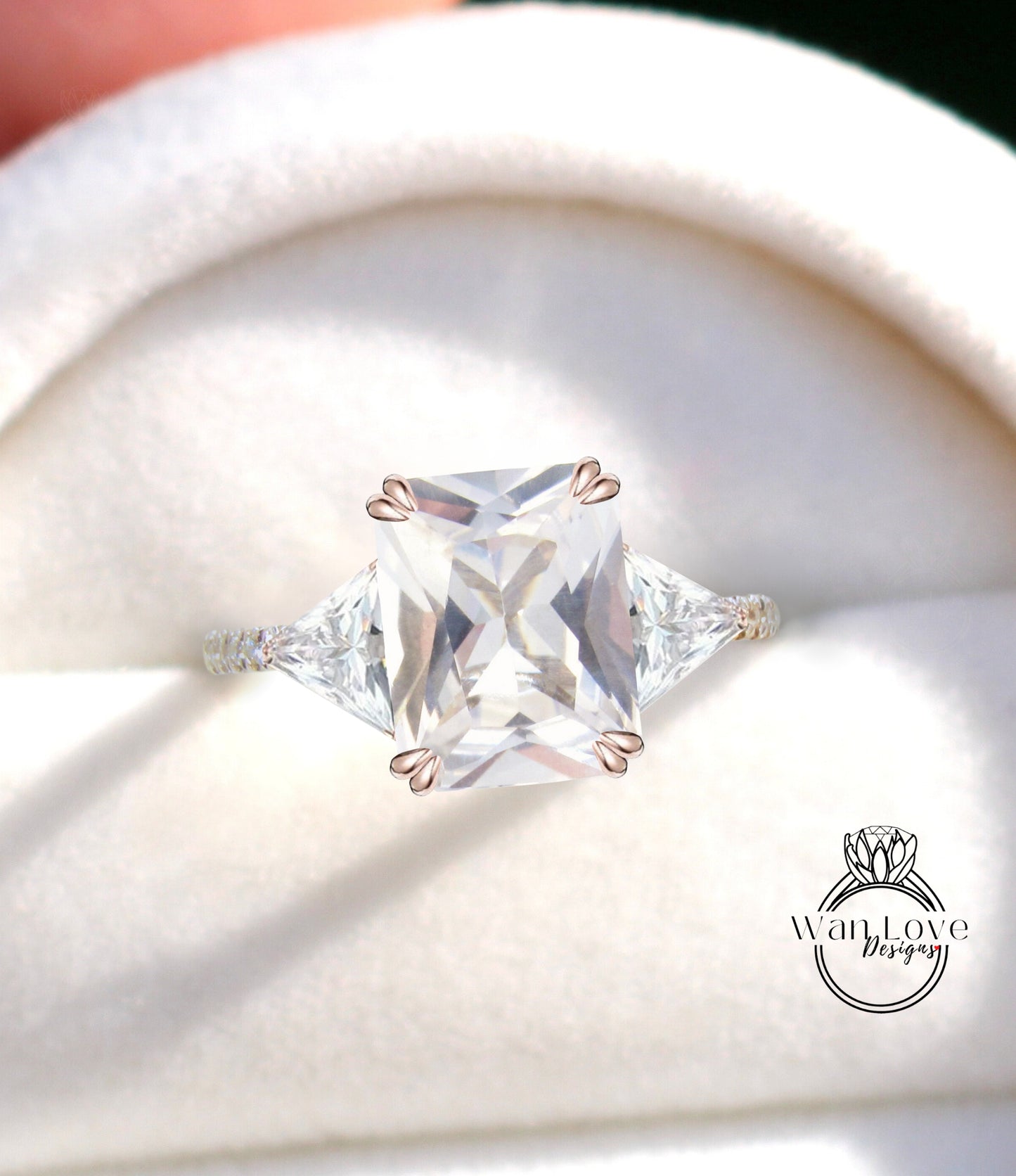 White Sapphire & Diamond Emerald Trillion Triangle cut Engagement Ring 3 gemstone Custom Ring-14k 18k White Yellow Rose Gold-Platinum-Wedding Bridal Ring Anniversary Gift