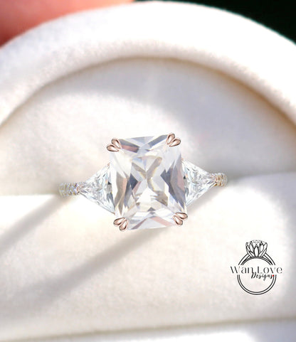 White Sapphire & Diamond Emerald Trillion Triangle cut Engagement Ring 3 gemstone Custom Ring-14k 18k White Yellow Rose Gold-Platinum-Wedding Bridal Ring Anniversary Gift