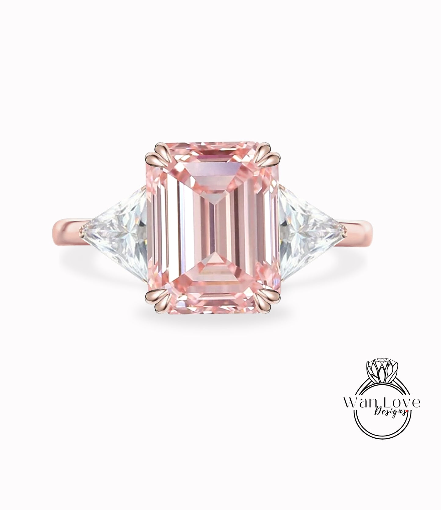 Peach Sapphire & Diamond Emerald Trillion Cut Engagement Ring Triangle cut Ring Custom-14k 18k White Yellow Rose Gold-Platinum-Wedding Bridal Ring Anniversary Gift