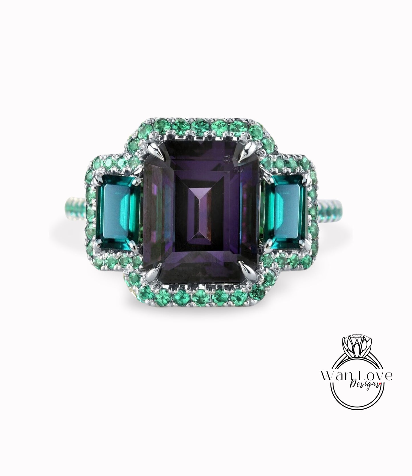 Custom Listing, Alexandrite Emerald Green Engagement Ring 3 Triple Halo Gem stone 4ct 10x8mm 14k 18k Rose White Gold Platinum Anniversary